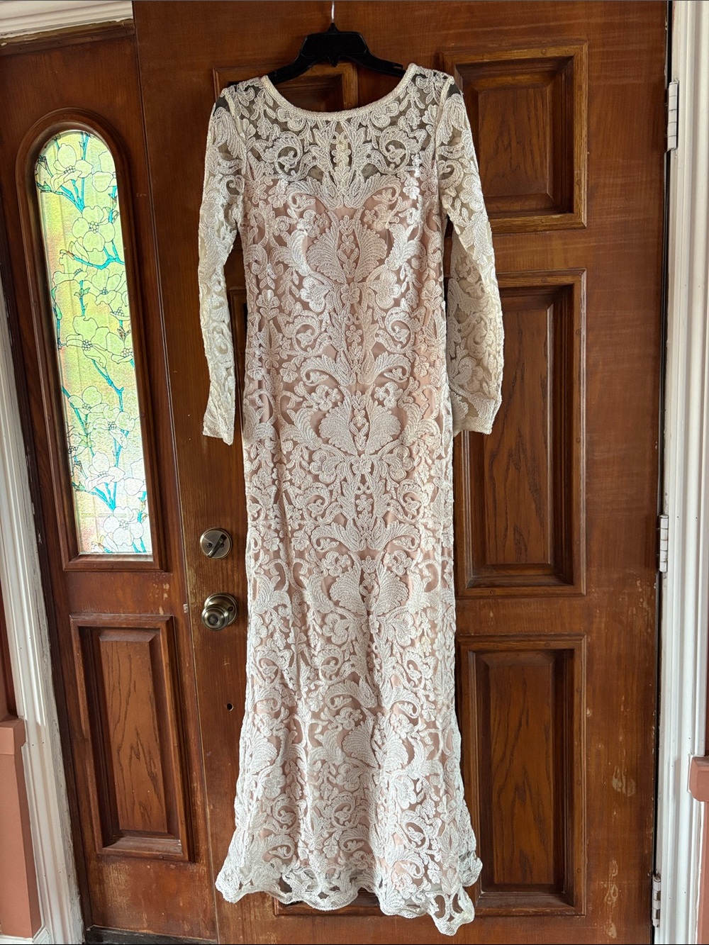 Long Sleeve Tadashi Shoji Bridal Lace Mermaid Dress in Ivory and Blush
